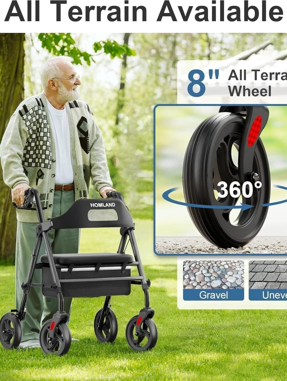 HOMLAND Foldable Rollator Walkers with Seat for Seniors, 8'' Big Wheels, 350 lb.